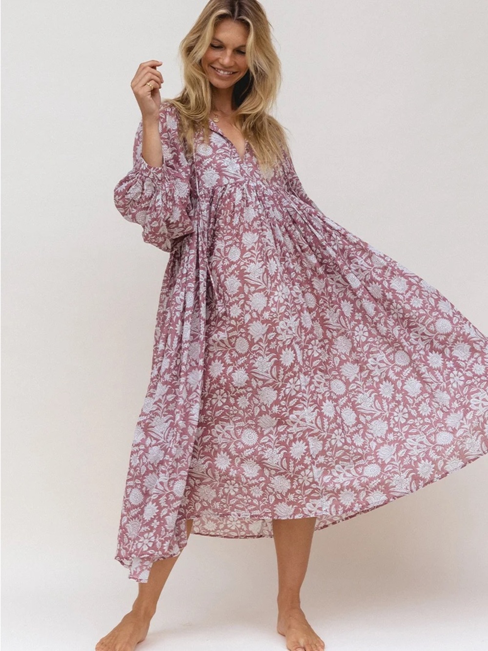 Daughters of India Kyra Midi Dress Musk Hand Block Print Cotton Balloon Sleeve S